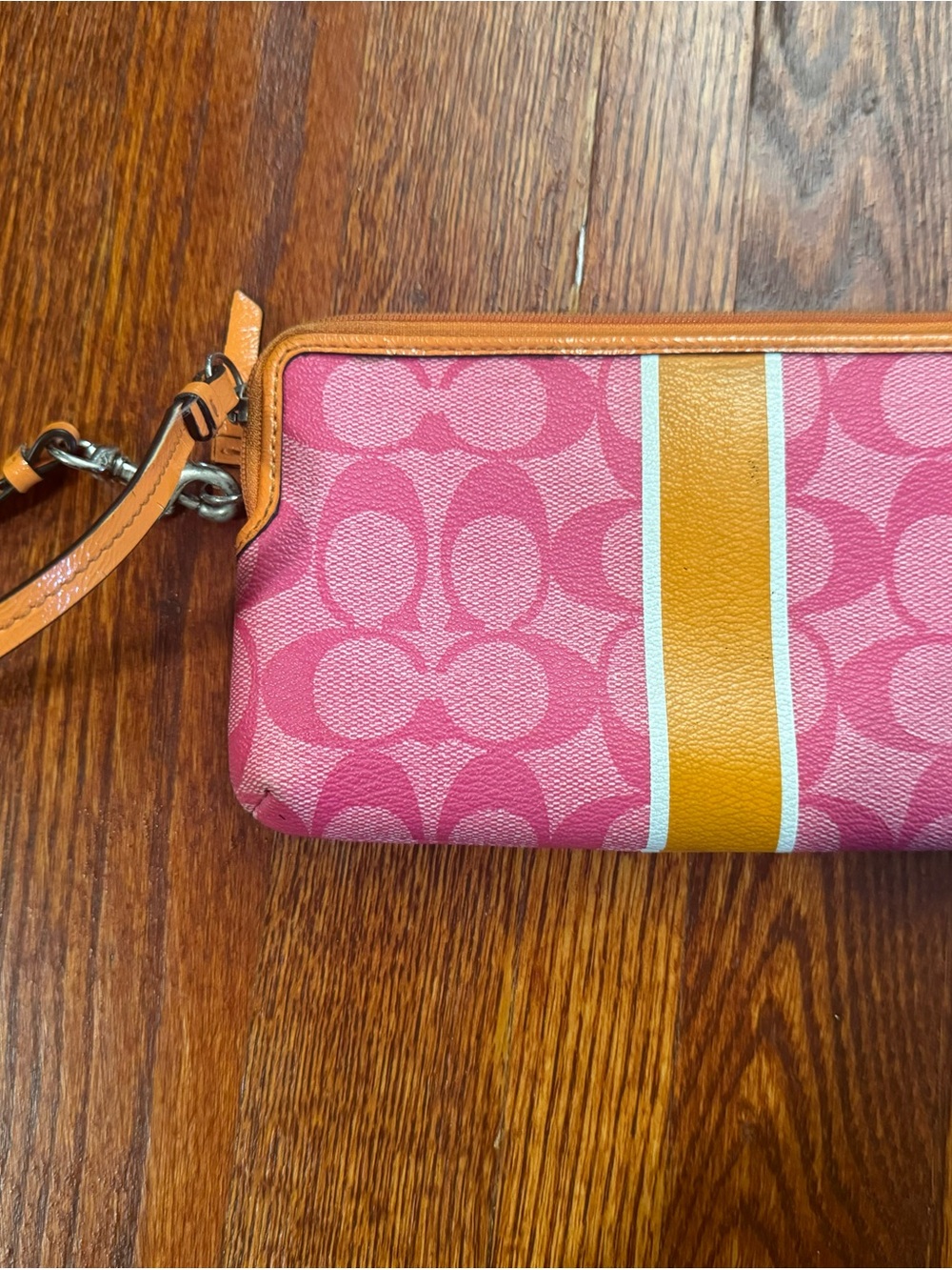 Coach Pink Signature Canvas Wristlet with orange Stripe - Picture 2 of 4